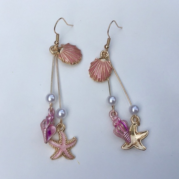 Enameled dangle earrings starfish sea creatures shells pearls mermaid - Picture 9 of 9